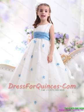 White Scoop Adorable Little Girl Pageant Dress with Baby Blue Waistband and Appliques