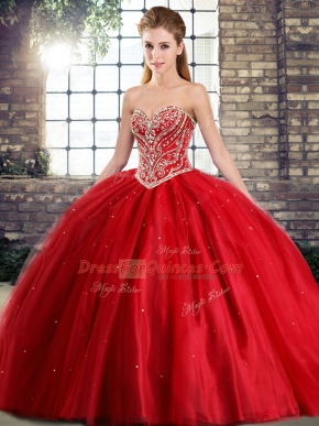 Sleeveless Brush Train Beading Lace Up 15 Quinceanera Dress