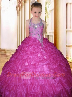 2014 Beautiful Hot Pink Halter Beading Floor-length Little Gril Pageant Dress