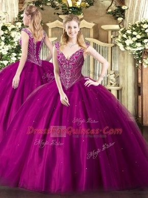 Luxury Sleeveless Floor Length Beading Lace Up Sweet 16 Dresses with Fuchsia