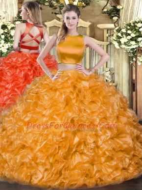 Fine Orange Red Tulle Criss Cross 15th Birthday Dress Sleeveless Floor Length Ruffles