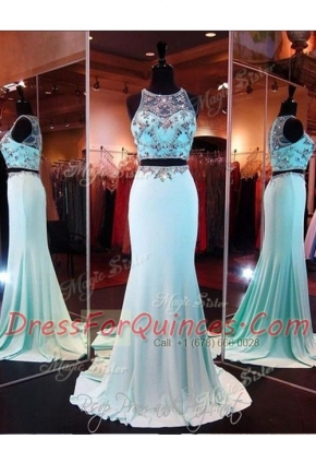 Hot Selling Scoop Sleeveless Brush Train Zipper Prom Gown Baby Blue Elastic Woven Satin