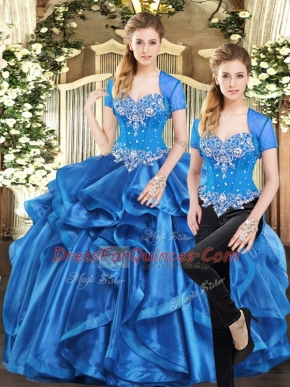 Custom Design Blue Sleeveless Floor Length Beading and Ruffles Lace Up Ball Gown Prom Dress