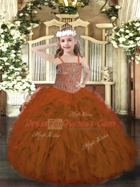 Excellent Rust Red Lace Up Little Girls Pageant Dress Beading and Ruffles Sleeveless Floor Length