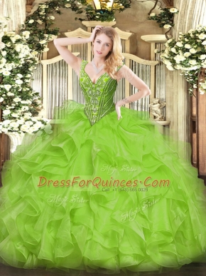 Dazzling Ball Gowns Organza V-neck Sleeveless Beading and Ruffles Floor Length Lace Up Sweet 16 Dress