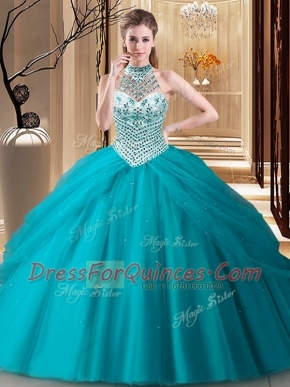 Stylish Teal Lace Up Halter Top Beading and Pick Ups Quinceanera Dress Tulle Sleeveless Brush Train