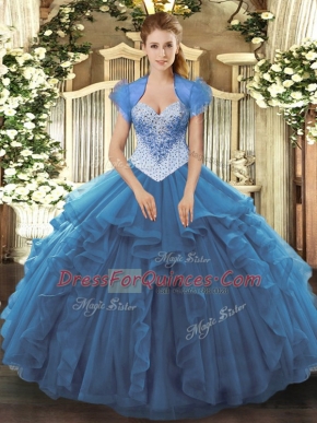 Artistic Blue Ball Gowns Beading Sweet 16 Quinceanera Dress Lace Up Tulle Sleeveless Floor Length
