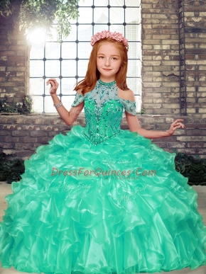 High-neck Sleeveless Organza Kids Pageant Dress Beading and Ruffles Lace Up