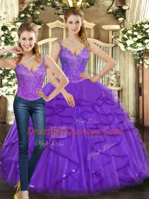 Comfortable Floor Length Lace Up Sweet 16 Quinceanera Dress Purple for Military Ball and Sweet 16 and Quinceanera with Beading and Ruffles