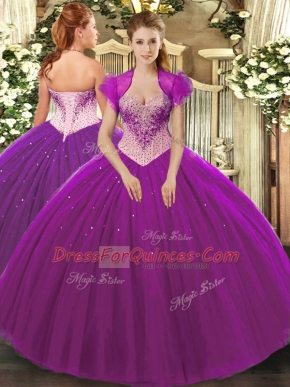 Beading Sweet 16 Dresses Eggplant Purple Lace Up Sleeveless Floor Length
