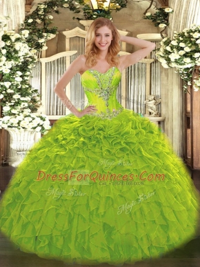 Flare Olive Green Lace Up Sweet 16 Quinceanera Dress Beading and Ruffles Sleeveless Floor Length