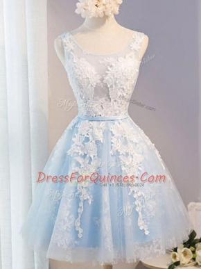 Appliques and Belt Prom Party Dress Baby Blue Lace Up Sleeveless Knee Length