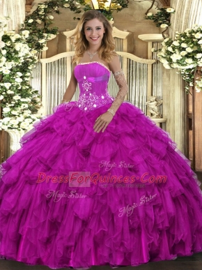 Dazzling Floor Length Fuchsia Vestidos de Quinceanera Organza Sleeveless Beading and Ruffles
