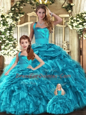 Beautiful Teal Ball Gowns Organza Halter Top Sleeveless Ruffles and Pick Ups Floor Length Lace Up Vestidos de Quinceanera