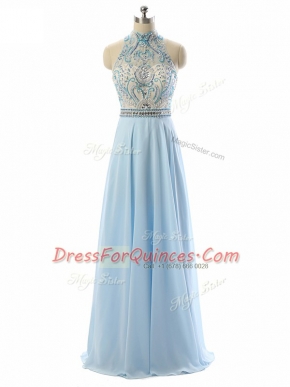 Floor Length Empire Sleeveless Light Blue Prom Evening Gown Backless