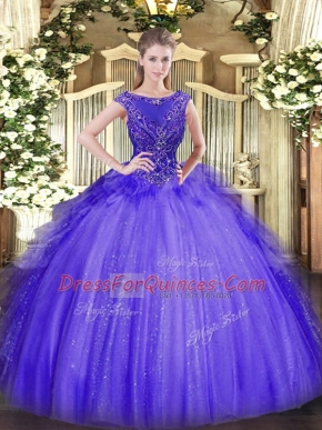 Glamorous Lavender Tulle Zipper Scoop Sleeveless Floor Length Quinceanera Dress Beading
