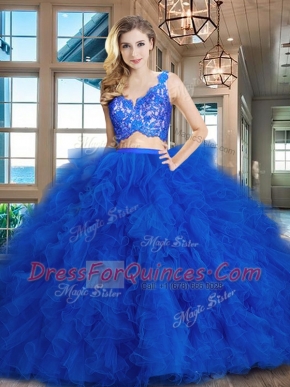 Royal Blue Zipper Quinceanera Gowns Lace and Ruffles Sleeveless Brush Train