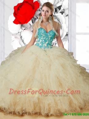 2016 Exquisite Sweetheart Champagne Quinceanera Dresses with Appliques and Ruffles