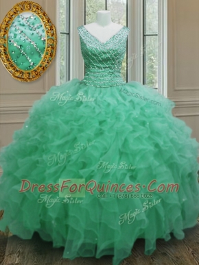 Custom Design Apple Green Organza Zipper V-neck Sleeveless Floor Length Quinceanera Dress Beading and Ruffles