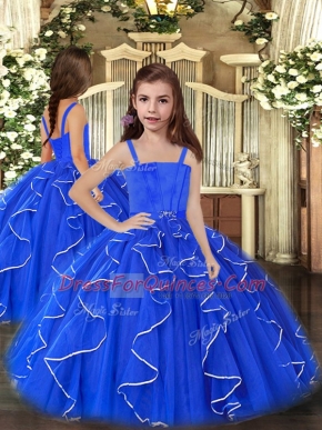 Pretty Sleeveless Floor Length Ruffles Lace Up Kids Pageant Dress with Royal Blue