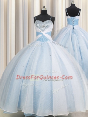 Spaghetti Straps Beading and Ruching Quince Ball Gowns Light Blue Lace Up Sleeveless Floor Length