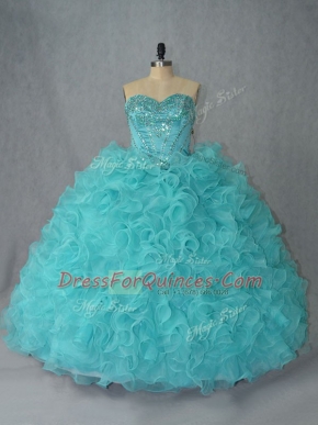 Sweetheart Sleeveless Sweet 16 Dresses Beading and Ruffles Aqua Blue Organza