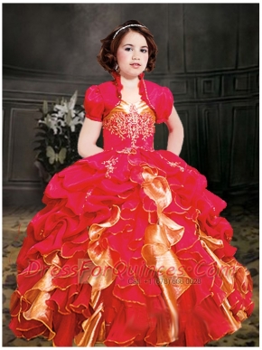 Red Straps Ball Gown 2014 Little Girl Pageant Dress with Ruffles with Appliques