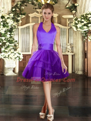 Purple Tulle Lace Up Prom Dress Sleeveless Mini Length Ruffled Layers