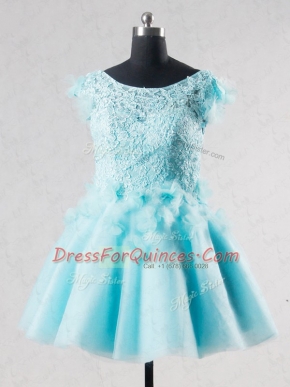 V-neck Short Sleeves Tulle Evening Dress Lace and Appliques and Hand Made Flower Backless