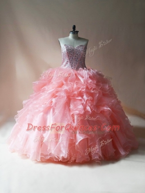 Designer Sleeveless Floor Length Beading and Ruffles Lace Up 15 Quinceanera Dress with Pink