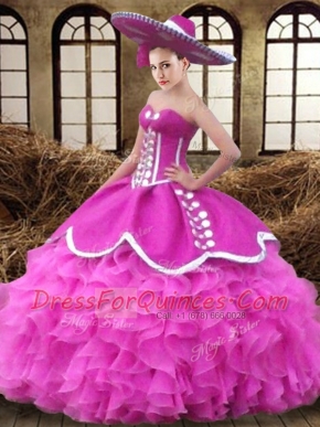 Comfortable Floor Length Fuchsia 15th Birthday Dress Sweetheart Sleeveless Lace Up