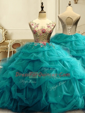 Scoop Sleeveless Lace Up Ball Gown Prom Dress Teal Organza