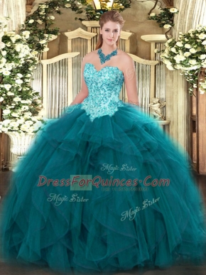 Ball Gowns Quinceanera Dresses Teal Sweetheart Organza Sleeveless Floor Length Lace Up