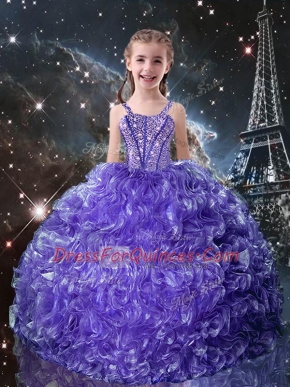 Adorable Sleeveless Floor Length Beading and Ruffles Lace Up Little Girl Pageant Dress with Purple