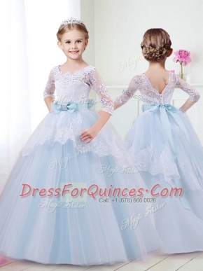 Suitable Scoop Light Blue Half Sleeves Brush Train Lace and Bowknot With Train Flower Girl Dress