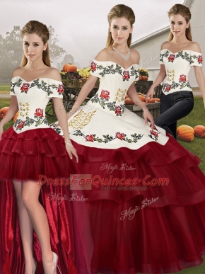 Top Selling Off The Shoulder Sleeveless Brush Train Lace Up Sweet 16 Quinceanera Dress Wine Red Tulle