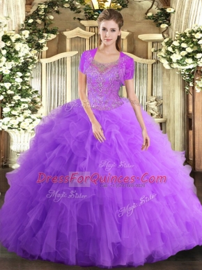 Glamorous Lavender Clasp Handle Scoop Beading and Ruffled Layers Quinceanera Dresses Tulle Sleeveless