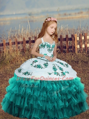 Teal Little Girl Pageant Gowns Party and Wedding Party with Embroidery and Ruffled Layers Straps Sleeveless Lace Up
