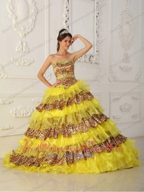 Yellow A-Line / Princess Strapless Sweep /Brush Train Leopard and Organza Ruffles Quinceanera Dress