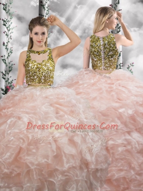 Peach Zipper Scoop Beading and Ruffles Ball Gown Prom Dress Organza Sleeveless