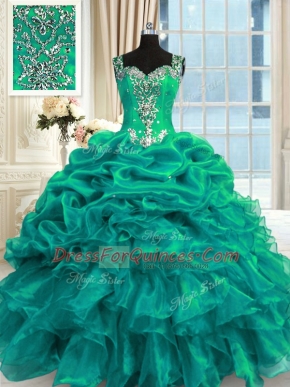 Pick Ups Floor Length Turquoise Quince Ball Gowns Straps Sleeveless Lace Up