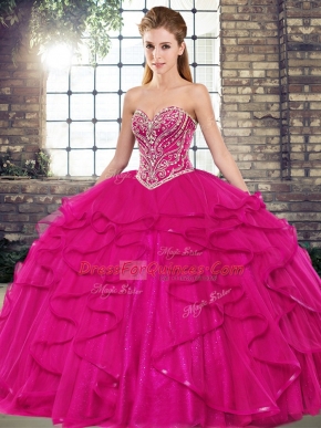 Beautiful Beading and Ruffles Sweet 16 Quinceanera Dress Fuchsia Lace Up Sleeveless Floor Length
