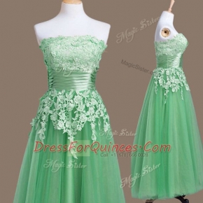 Green Sleeveless Appliques Tea Length Dama Dress for Quinceanera