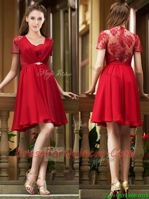 Elegant See Through Back Red Short Prom Dresses with Short Sleeves