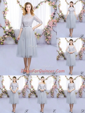 High-neck Half Sleeves Damas Dress Tea Length Lace and Belt Grey Tulle