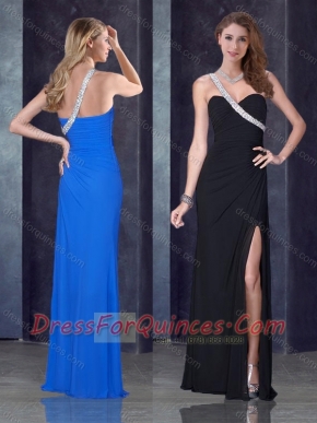 One Shoulder Black Prom Dress with High Slit and Beading