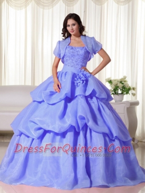 Discount Quinceanera Dress In Blue Ball Gown Strapless With Organza Hand Flowers In Low Price