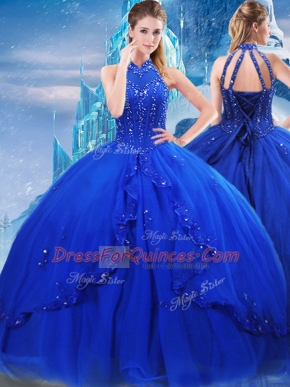 Tulle High-neck Sleeveless Brush Train Lace Up Beading and Ruffles Vestidos de Quinceanera in Royal Blue