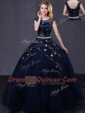 Top Selling Navy Blue Scoop Neckline Beading and Belt Sweet 16 Dress Cap Sleeves Lace Up