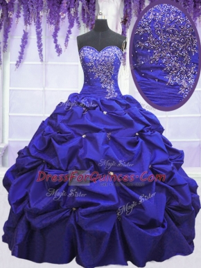 Customized Navy Blue Ball Gowns Beading and Pick Ups Vestidos de Quinceanera Lace Up Taffeta Sleeveless Floor Length